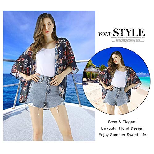 Digitek Direct Mantón suelto de gasa directa para mujer - Cárdigan kimono con estampado floral de gasa [Azul marino - Grande]