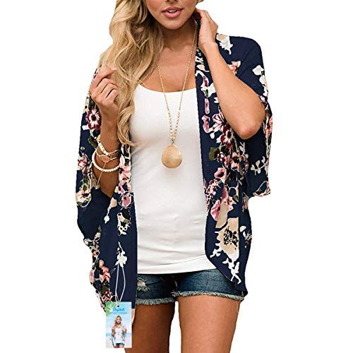 Digitek Direct Mantón suelto de gasa directa para mujer - Cárdigan kimono con estampado floral de gasa [Azul marino - Grande]