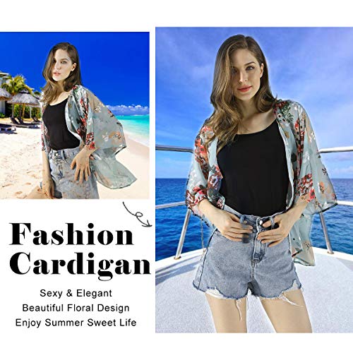 Digitek Direct Mantón suelto de gasa directa para mujer - Cárdigan kimono con estampado floral de gasa [Verde claro - Extra Grande]