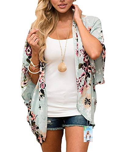 Digitek Direct Mantón suelto de gasa directa para mujer - Cárdigan kimono con estampado floral de gasa [Verde claro - Extra Grande]