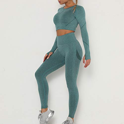 Dihope Conjunto Deportiva para Mujer 2 Piezas Top Corto de Manga Larga de Running Pantalones de Cintura Alta Elásticos Leggings de Fitness sin Costuras para Yoga Gimnasio Trotar，Verde Oscuro，S