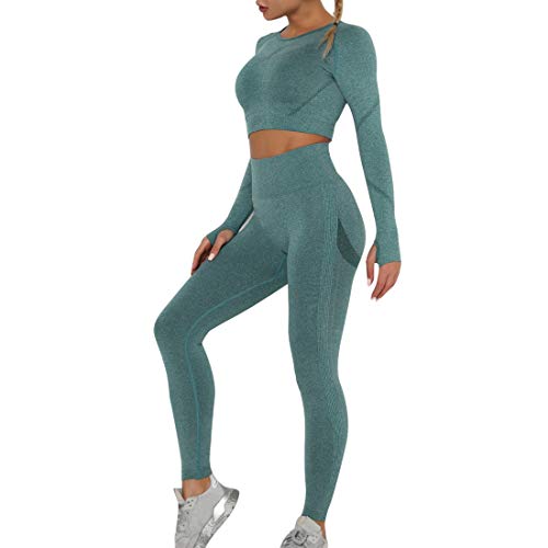 Dihope Conjunto Deportiva para Mujer 2 Piezas Top Corto de Manga Larga de Running Pantalones de Cintura Alta Elásticos Leggings de Fitness sin Costuras para Yoga Gimnasio Trotar，Verde Oscuro，S