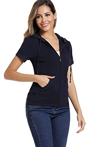 Dilgul Sudadera con capucha para mujer con cremallera de canguro de manga corta para mujer con capucha, chaquetas ajustadas, bolsillos de parche de cuarteto, abrigos deportivos informales