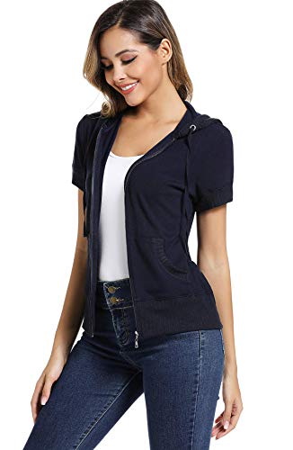 Dilgul Sudadera con capucha para mujer con cremallera de canguro de manga corta para mujer con capucha, chaquetas ajustadas, bolsillos de parche de cuarteto, abrigos deportivos informales