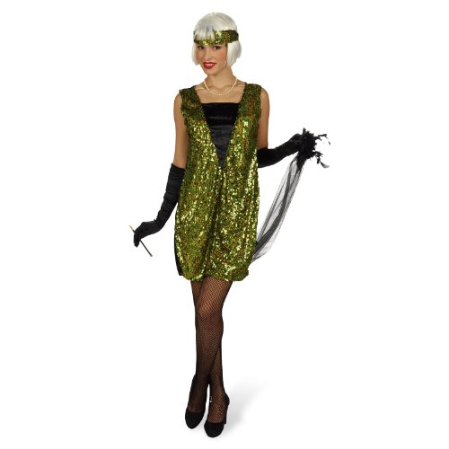 Disfraz de charlestón - vestido de los años veinte, traje con lentejuelas de mujer, con estola y cinta, verde - 36/38