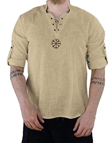 Disfraz de Lino Medieval para Hombre, túnica, Cuello en V, Traje de Manga Larga, Camisa vikinga, Camisa Pirata Hippie, Abuelo