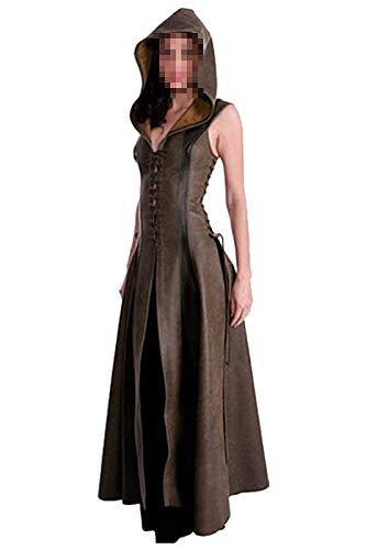 Disfraz Medieval de Mujer Vestido de Lujo Vintage Adulto Marron Sexy sin Mangas con Capucha Traje de Cuero PU,L