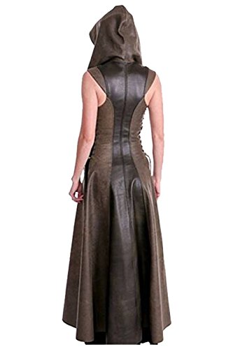 Disfraz Medieval de Mujer Vestido de Lujo Vintage Adulto Marron Sexy sin Mangas con Capucha Traje de Cuero PU,L