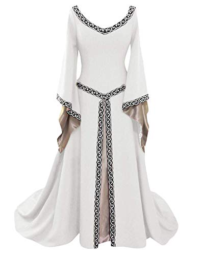 Disfraz Medieval para Mujer Vestido Manga Larga Bordado Renacentista Cosplay Blanco S