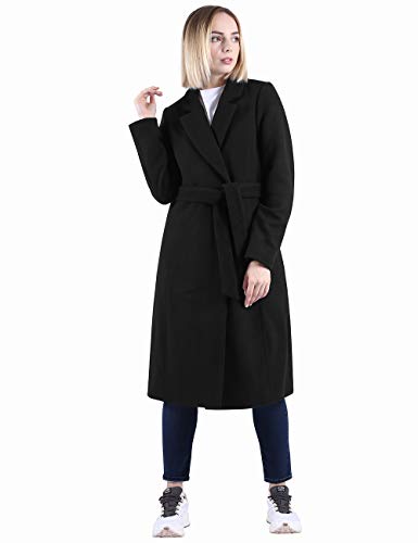 DISHANG Abrigo de Mezcla de Lana de Invierno para Mujer con Cinturón con Dos Bolsillos Delanteros (Negro, S)