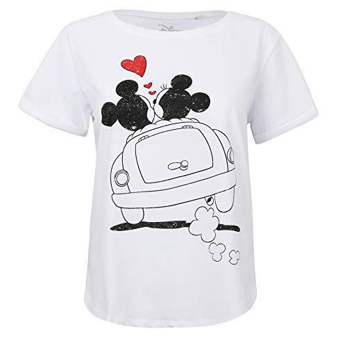 Disney Mickey and Minnie Hearts Camiseta, Blanco, S para Mujer