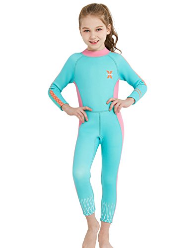 DIVE&SAIL - Traje de Neopreno Precio para Niño de 2.5mm con Mangas Largas Mantener Calor Protección Solar Maillot de Buceo con Cremallera - Azul Rosa - Talla S