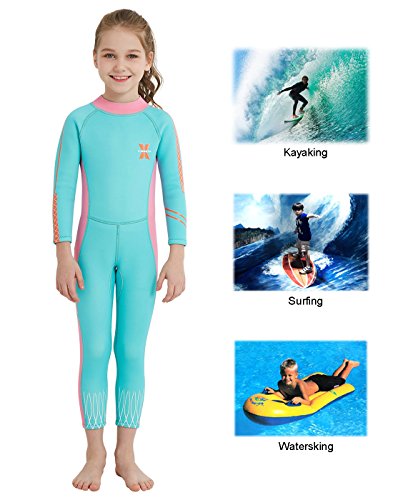 DIVE&SAIL - Traje de Neopreno Precio para Niño de 2.5mm con Mangas Largas Mantener Calor Protección Solar Maillot de Buceo con Cremallera - Azul Rosa - Talla S