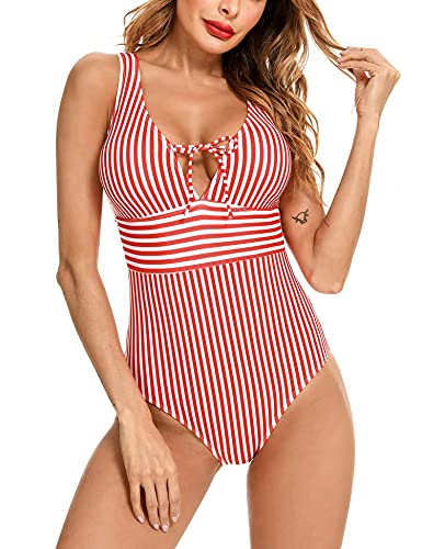 Doaraha Bañador de Una Pieza para Mujer, Trajes de Baño Verano Elegante y Sexy, Bañador Cuello en V Profundo Ajustable de Rayas con Relleno, Monokini para Playa Natación Vacación, Rojo y Blanco, M