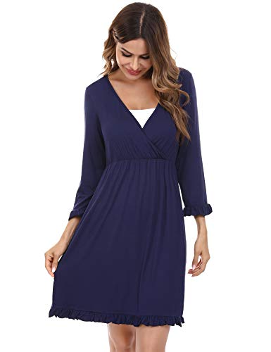 Doaraha Camisón Lactancia Algodón Mujer Ropa de Dormir Premamá Hospital Vestido de Maternidad Embarazo Pijama Embarazadas Camisones Embarazada Manga Corta 3/4 Suave (Azul, M)