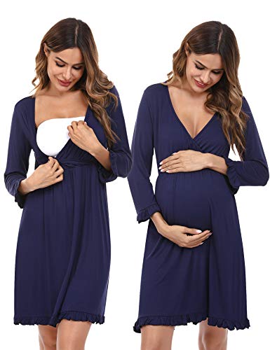 Doaraha Camisón Lactancia Algodón Mujer Ropa de Dormir Premamá Hospital Vestido de Maternidad Embarazo Pijama Embarazadas Camisones Embarazada Manga Corta 3/4 Suave (Azul, M)