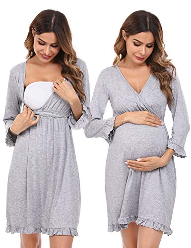 Doaraha Camisón Lactancia Algodón Mujer Ropa de Dormir Premamá Hospital Vestido de Maternidad Embarazo Pijama Embarazadas Camisones Embarazada Manga Corta 3/4 Suave (Gris, L)