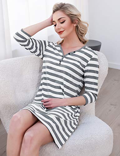 Doaraha Camisones Algodón para Mujer Camisón Estampado de Rayas Manga 3/4 Vestido Sexy Cuello en V con Botón Ropa de Dormir Casual Cómodo y Suave (Gris, M)