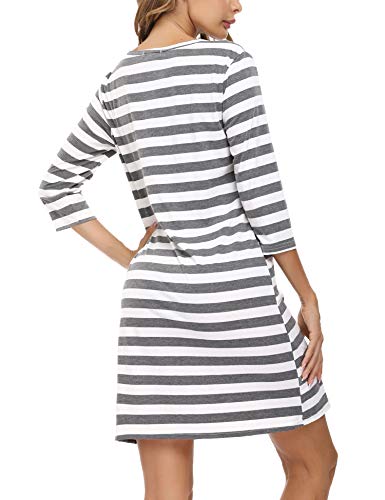 Doaraha Camisones Algodón para Mujer Camisón Estampado de Rayas Manga 3/4 Vestido Sexy Cuello en V con Botón Ropa de Dormir Casual Cómodo y Suave (Gris, M)
