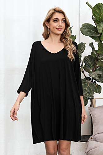 Doaraha Camisones de Algodón Modal para Mujer Vestido Camisón Super Suave Pijama Ropa de Dormir Talla Grande Verano Camisa de Dormir Cuello en V Manga 3/4 Loungewear (Negro, 2XL)