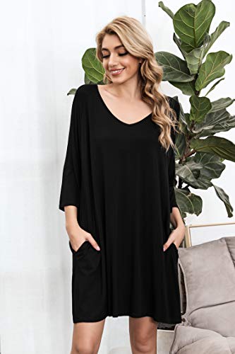Doaraha Camisones de Algodón Modal para Mujer Vestido Camisón Super Suave Pijama Ropa de Dormir Talla Grande Verano Camisa de Dormir Cuello en V Manga 3/4 Loungewear (Negro, 2XL)