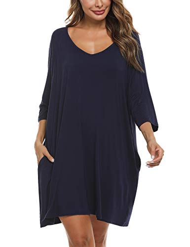 Doaraha Camisones de Algodón Modal para Mujer Vestido Camisón Super Suave Pijama Ropa de Dormir Talla Grande Verano Camisa de Dormir Cuello en V Manga 3/4 Loungewear (Azul Profundo, L)