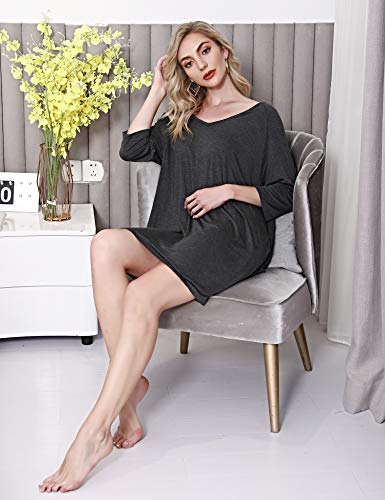 Doaraha Camisones de Algodón Modal para Mujer Vestido Camisón Super Suave Pijama Ropa de Dormir Talla Grande Verano Camisa de Dormir Cuello en V Manga 3/4 Loungewear (Gris Oscuro, L)