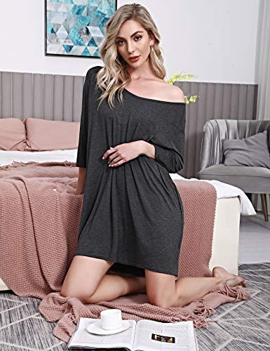 Doaraha Camisones de Algodón Modal para Mujer Vestido Camisón Super Suave Pijama Ropa de Dormir Talla Grande Verano Camisa de Dormir Cuello en V Manga 3/4 Loungewear (Gris Oscuro, L)