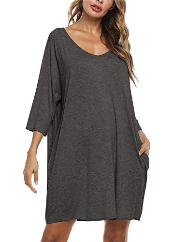 Doaraha Camisones de Algodón Modal para Mujer Vestido Camisón Super Suave Pijama Ropa de Dormir Talla Grande Verano Camisa de Dormir Cuello en V Manga 3/4 Loungewear (Gris Oscuro, L)