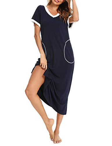 Doaraha Camisones Largos Mujer Camisón Suave Vestido Pijama Ropa de Dormir con Bolsillo Algodón Talla Grande Verano Cuello en V Manga Corta Loungewear (Azul Profundo, XXL)