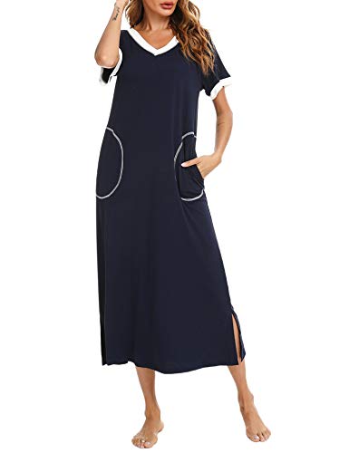 Doaraha Camisones Largos Mujer Camisón Suave Vestido Pijama Ropa de Dormir con Bolsillo Algodón Talla Grande Verano Cuello en V Manga Corta Loungewear (Azul Profundo, XXL)