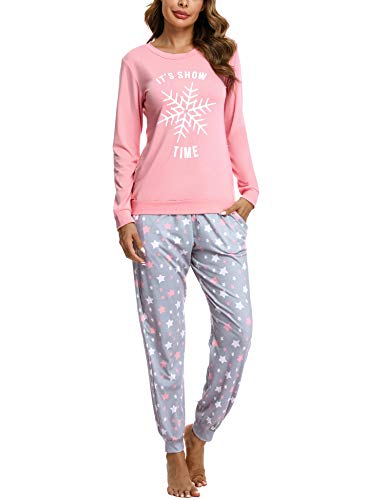 Doaraha Conjunto de Pijamas de Algodón para Mujer Camiseta y Pantalones Estrellas Copo de Nieve Ropa de Dormir de Manga Larga Suave Cómodo Loungewear (A# Rosa, M)