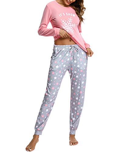 Doaraha Conjunto de Pijamas de Algodón para Mujer Camiseta y Pantalones Estrellas Copo de Nieve Ropa de Dormir de Manga Larga Suave Cómodo Loungewear (A# Rosa, M)