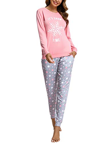 Doaraha Conjunto de Pijamas de Algodón para Mujer Camiseta y Pantalones Estrellas Copo de Nieve Ropa de Dormir de Manga Larga Suave Cómodo Loungewear (A# Rosa, M)