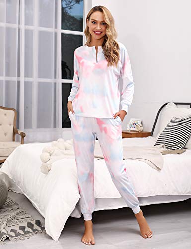 Doaraha Conjunto Pijama para Mujer Camiseta y Pantalones Tie-Dye Estampado Ropa de Dormir con Bolsillos y Puños Elásticos 2 Piezas (B# Azul & Rosa, L)