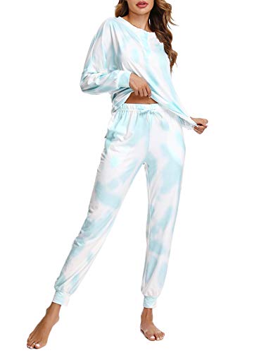 Doaraha Conjunto Pijama para Mujer Camiseta y Pantalones Tie-Dye Estampado Ropa de Dormir con Bolsillos y Puños Elásticos 2 Piezas (B# Azul, S)