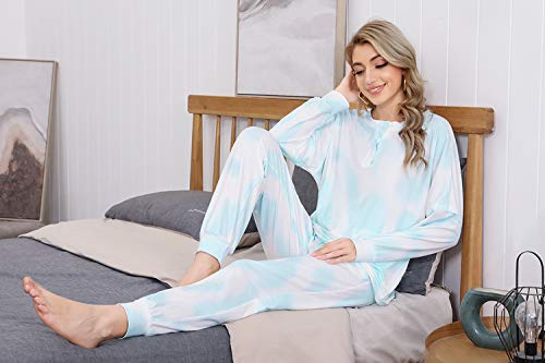 Doaraha Conjunto Pijama para Mujer Camiseta y Pantalones Tie-Dye Estampado Ropa de Dormir con Bolsillos y Puños Elásticos 2 Piezas (B# Azul, S)