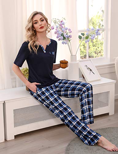 Doaraha Pijama a Cuadros para Mujer Camiseta y Pantalones Pijamas Cortos/Largos con Estampado de Celosía Manga Larga/Corta Ropa de Dormir de Algodón Suave (A#1 Azul Oscuro + Azul (pantalón Largo), S)