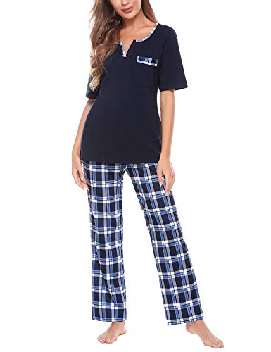 Doaraha Pijama a Cuadros para Mujer Camiseta y Pantalones Pijamas Cortos/Largos con Estampado de Celosía Manga Larga/Corta Ropa de Dormir de Algodón Suave (A#1 Azul Oscuro + Azul (pantalón Largo), S)