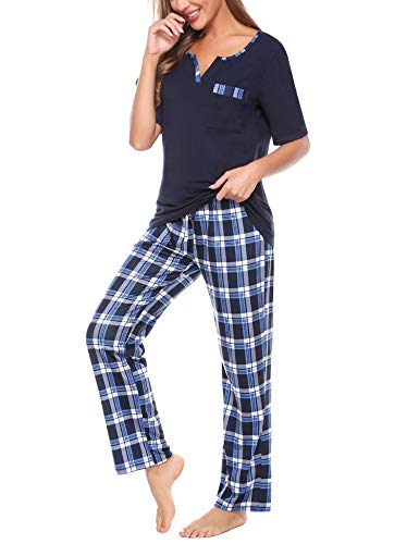 Doaraha Pijama a Cuadros para Mujer Camiseta y Pantalones Pijamas Cortos/Largos con Estampado de Celosía Manga Larga/Corta Ropa de Dormir de Algodón Suave (A#1 Azul oscuro + azul (pantalón largo), XL)