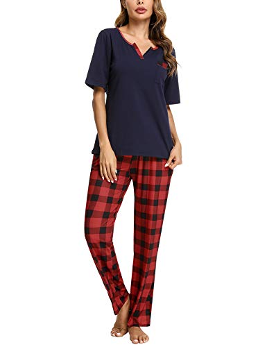 Doaraha Pijama a Cuadros para Mujer Camiseta y Pantalones Pijamas Manga Larga Celosía Ropa de Dormir de Algodón Manga Corta con Bolsillo Cuello de Muesca 2 Piezas (A#1 Azul (pantalón Largo), S)