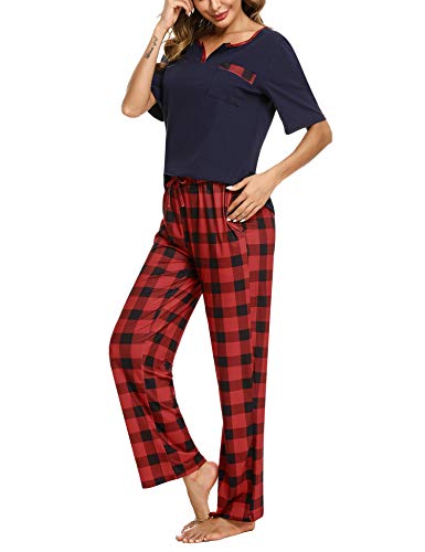 Doaraha Pijama a Cuadros para Mujer Camiseta y Pantalones Pijamas Manga Larga Celosía Ropa de Dormir de Algodón Manga Corta con Bolsillo Cuello de Muesca 2 Piezas (A#1 Azul (pantalón Largo), S)