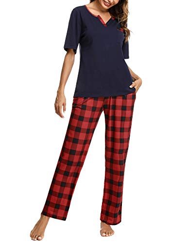 Doaraha Pijama a Cuadros para Mujer Camiseta y Pantalones Pijamas Manga Larga Celosía Ropa de Dormir de Algodón Manga Corta con Bolsillo Cuello de Muesca 2 Piezas (A#1 Azul (pantalón Largo), S)