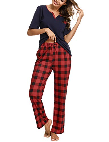 Doaraha Pijama a Cuadros para Mujer Camiseta y Pantalones Pijamas Manga Larga Celosía Ropa de Dormir de Algodón Manga Corta con Bolsillo Cuello de Muesca 2 Piezas (A#1 Azul (pantalón Largo), S)