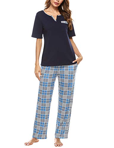 Doaraha Pijama a Cuadros para Mujer Camiseta y Pantalones Pijamas Manga Larga Celosía Ropa de Dormir de Algodón Manga Corta con Cuello de Muesca 2 Piezas (A#1 Azul Profundo (pantalón Largo), M)