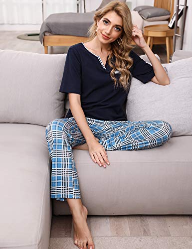 Doaraha Pijama a Cuadros para Mujer Camiseta y Pantalones Pijamas Manga Larga Celosía Ropa de Dormir de Algodón Manga Corta con Cuello de Muesca 2 Piezas (A#1 Azul Profundo (pantalón Largo), M)