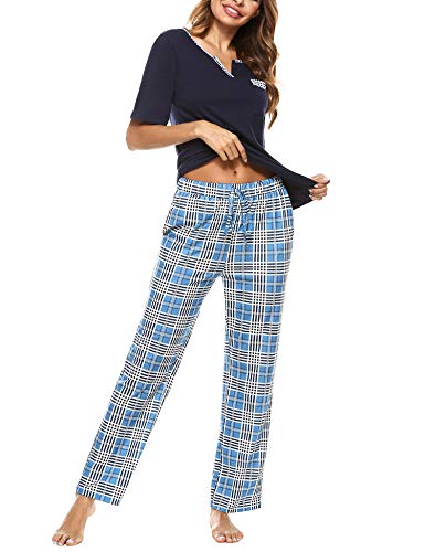 Doaraha Pijama a Cuadros para Mujer Camiseta y Pantalones Pijamas Manga Larga Celosía Ropa de Dormir de Algodón Manga Corta con Cuello de Muesca 2 Piezas (A#1 Azul Profundo (pantalón Largo), M)