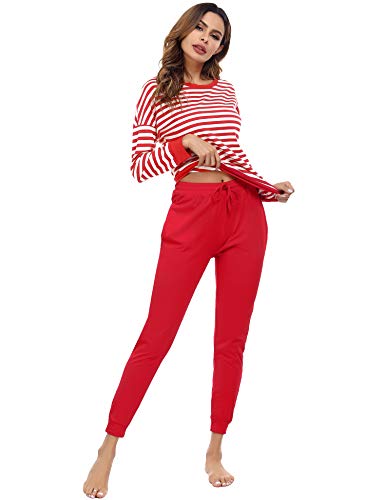Doaraha Pijamas Algodón para Mujer Estampado de Rayas Ropa de Dormir Camiseta Manga Larga con Pantalones Larga Puño Elástico Conjunto de Pijamas Suave y Transpirable (Rojo, M)