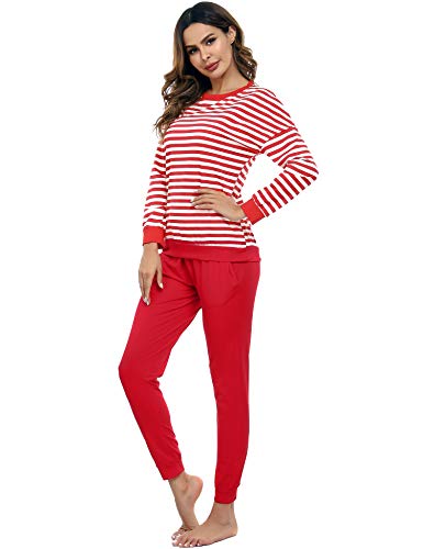 Doaraha Pijamas Algodón para Mujer Estampado de Rayas Ropa de Dormir Camiseta Manga Larga con Pantalones Larga Puño Elástico Conjunto de Pijamas Suave y Transpirable (Rojo, M)
