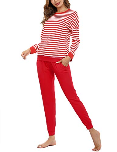 Doaraha Pijamas Algodón para Mujer Estampado de Rayas Ropa de Dormir Camiseta Manga Larga con Pantalones Larga Puño Elástico Conjunto de Pijamas Suave y Transpirable (Rojo, M)